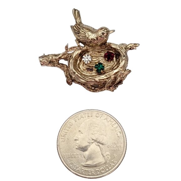 Anson Sterling Gold Vermeil Gemstone Eggs In Nest Bird Pin, Signed E748 - Picture 7 of 9